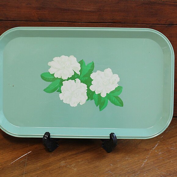 Vintage Tin Litho Serving TV Tray, Jade, Mint, Green, Camellia Blossom Design - Picture 2 of 14